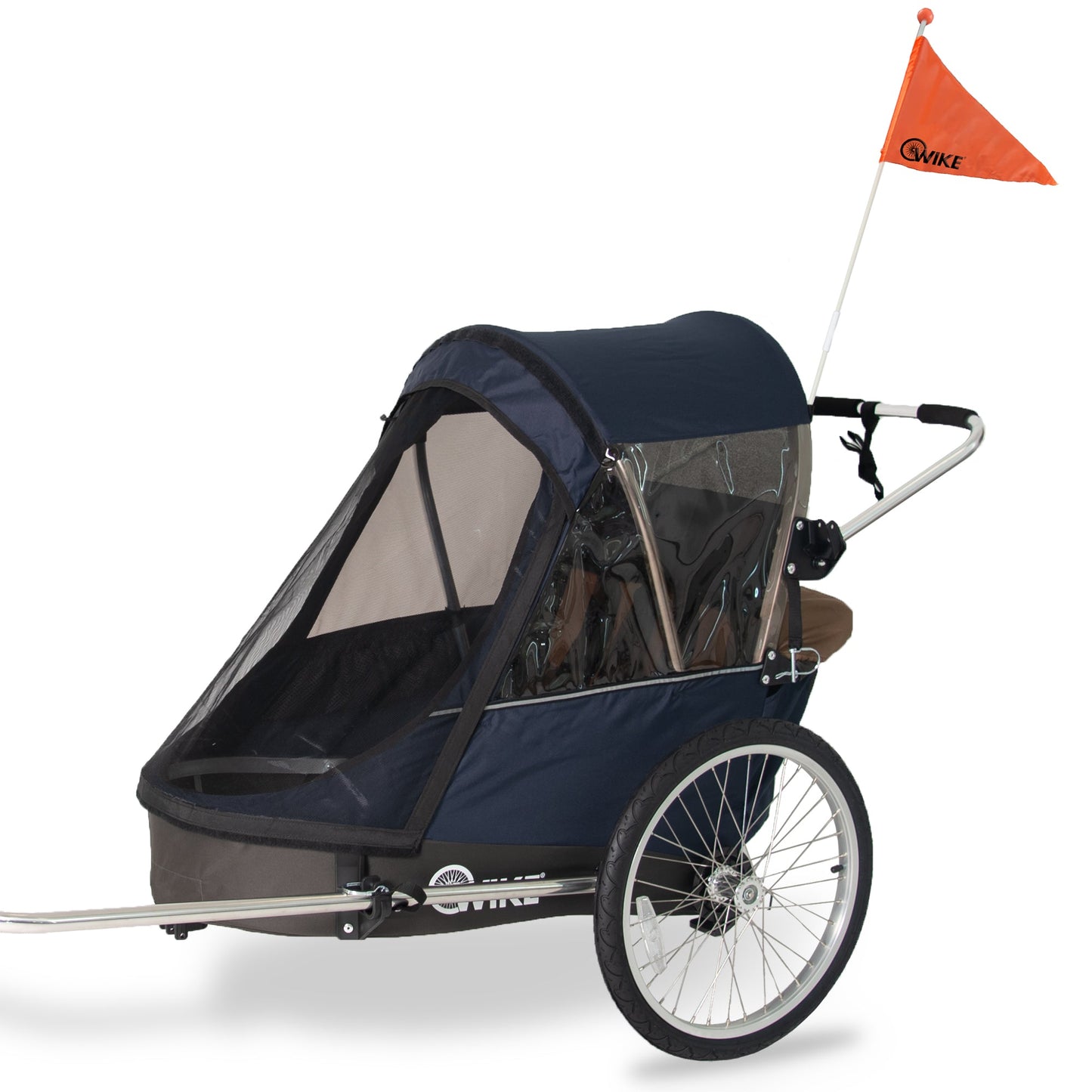 Wike Premium Double Children's Bike Trailer with Stroller & Jogging Kit - Navy & Brown