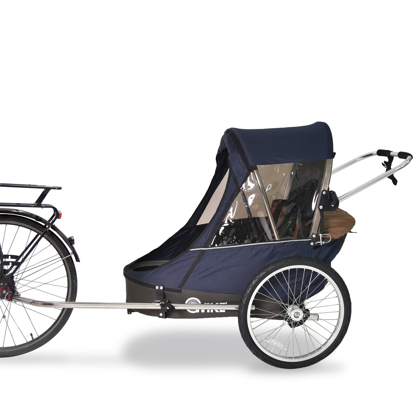 Wike Premium Double Children's Bike Trailer with Stroller & Jogging Kit - Navy & Brown