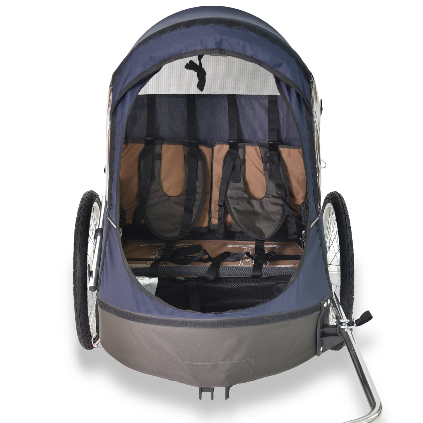 Wike Premium Double Children's Bike Trailer with Stroller & Jogging Kit - Navy & Brown