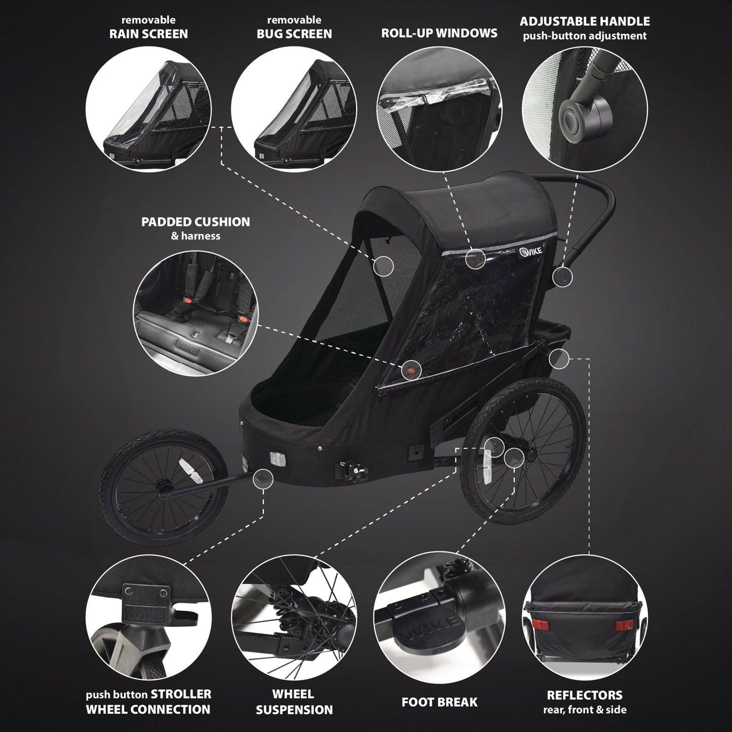 Wike Premium Suspension Children's Bike Trailer with Stroller & Jogging Kit - Black
