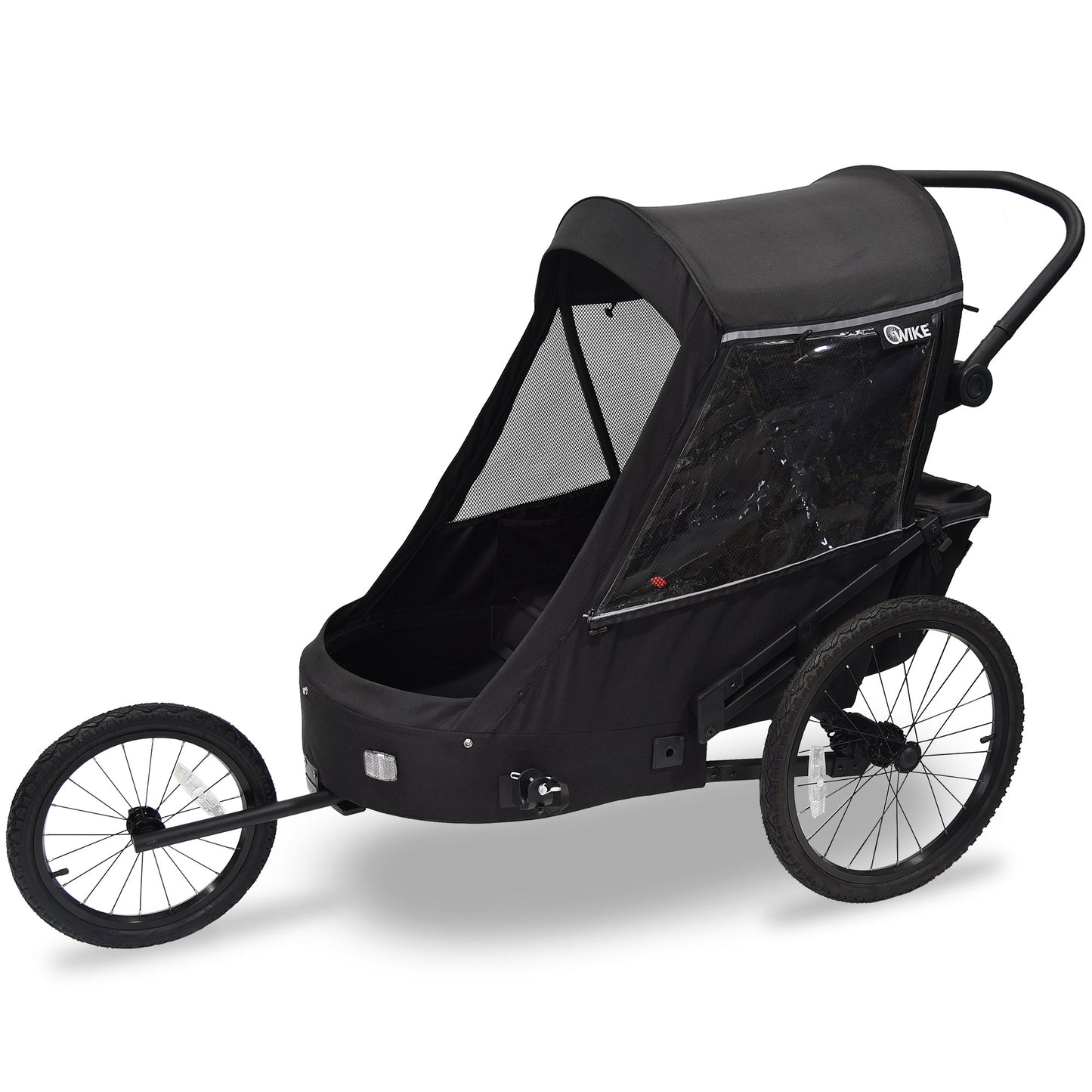 A black Wike Premium Suspension Children's Bike Trailer, designed to be towed behind a bicycle, with visible bike wheels and a tow bar.