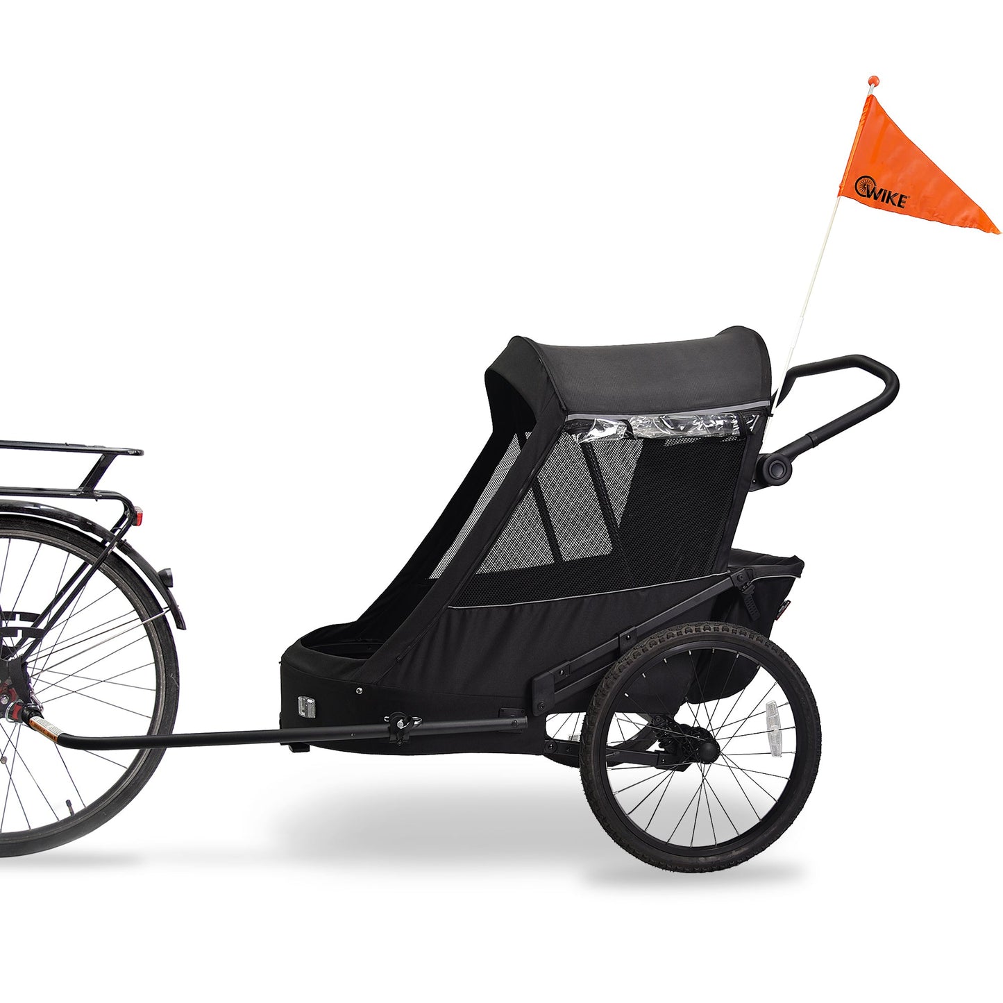 A black Wike Premium Suspension Children's Bike Trailer with a safety flag attached to the side, designed to be towed behind a bicycle, with visible bike wheels and a tow bar.