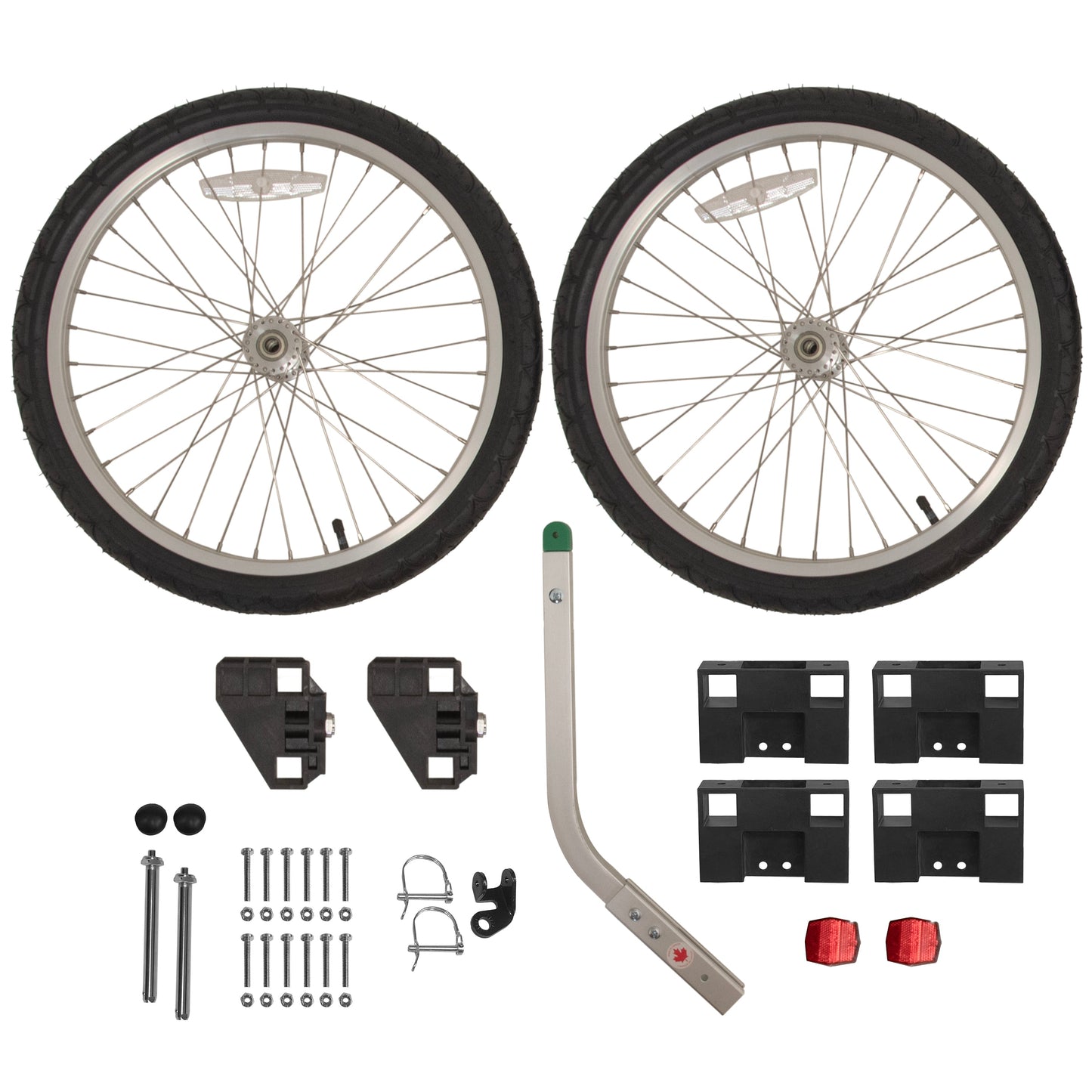 The image shows a DIY Cargo Bike Trailer Kit with two alloy wheels, a tow bar, hitch, brackets, reflectors, and hardware, all laid out on a white background.