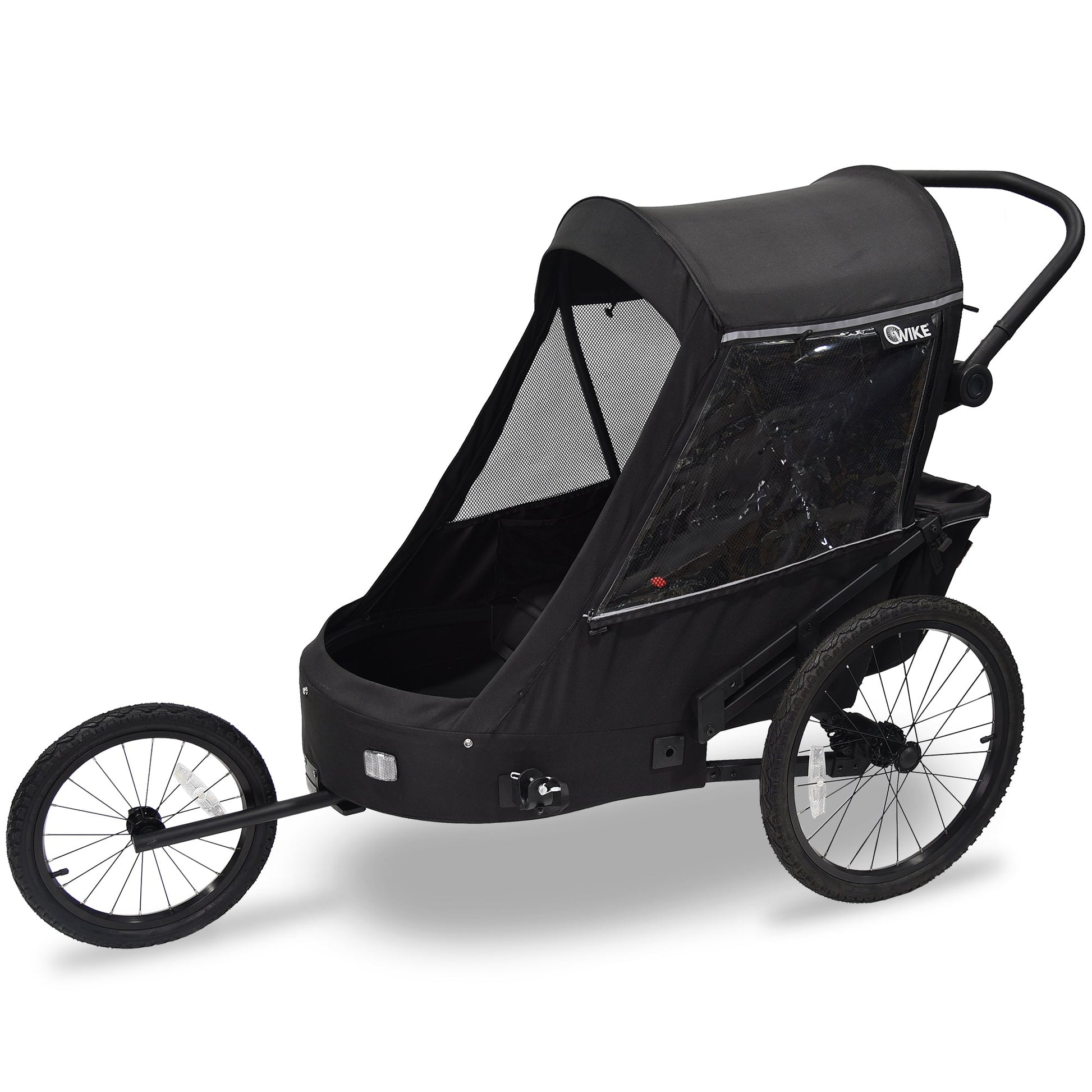 A black Wike Premium Suspension Children's Bike Trailer, designed to be towed behind a bicycle, with visible bike wheels and a tow bar.