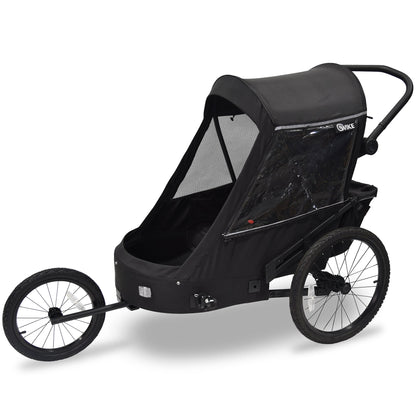 A black Wike Premium Suspension Children's Bike Trailer, designed to be towed behind a bicycle, with visible bike wheels and a tow bar.