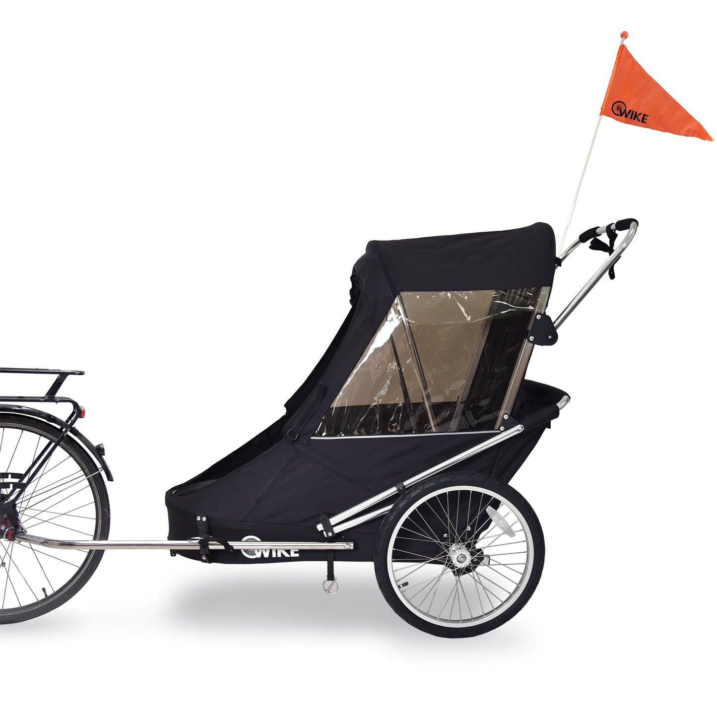 A black Wike Special Needs Large Bike Trailer with a retractable canopy, attached to a bicycle, equipped with a stroller and jogging kit, including a safety flag and spoked alloy wheels.