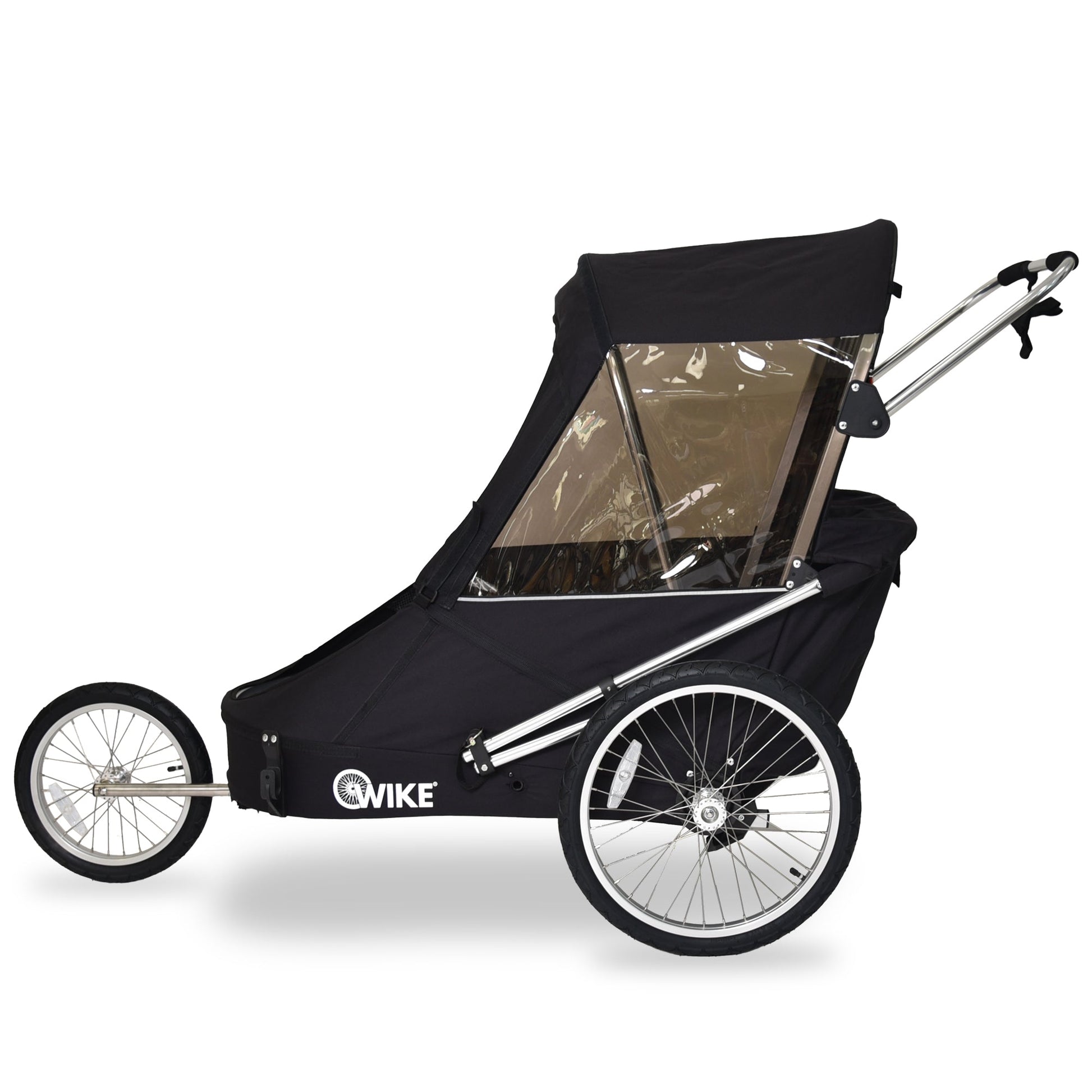 A black Wike Special Needs Large Bike Trailer with a retractable canopy, attached to a bicycle, equipped with a stroller and jogging kit, including spoked alloy wheels.